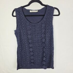 Solitaire Navy Blue Crochet Lace Front Tank Top Sleeveless Boho Size Medium